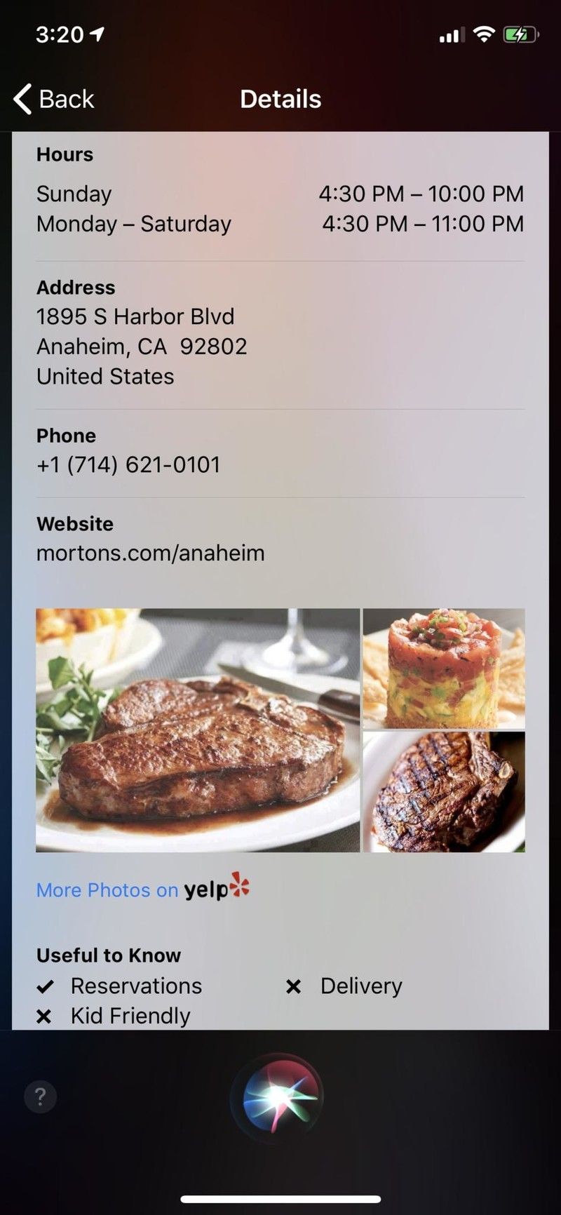 iOS 12 Siri отображает информацию о ресторане