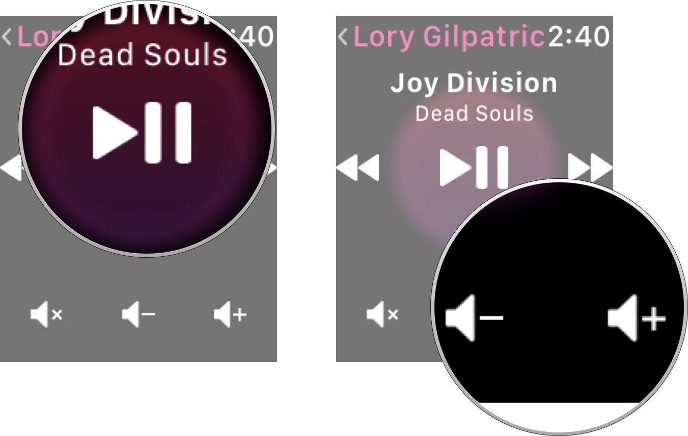 Нажмите элементы управления воспроизведением на Apple Watch