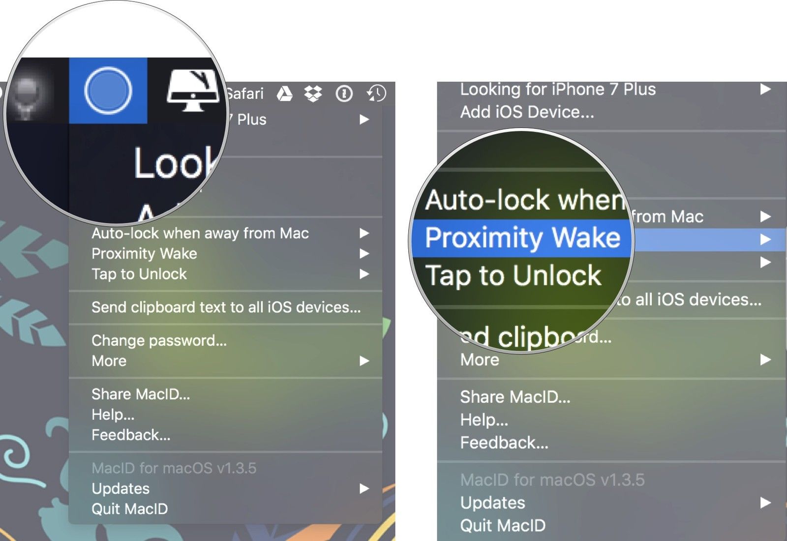 Нажмите Mac ID в строке меню, затем нажмите пробуждение близости