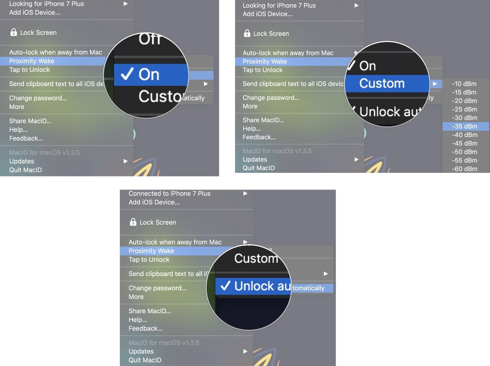 Нажмите «Вкл», затем выберите «Пользовательский», затем выберите расстояние, затем нажмите «Разблокировать автоматически».