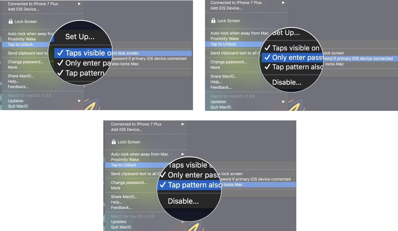 Нажмите «Видимые касания» на экране блокировки, затем нажмите «Только ввести пароль», если подключено основное устройство iOS, затем нажмите «Шаблон касания» и блокирует Mac.