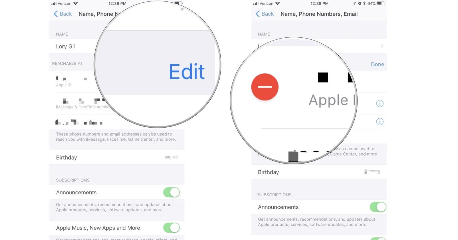 Нажмите «Изменить», затем удалите свой Apple ID