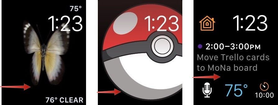 Проведите пальцем влево или вправо, чтобы выбрать новый циферблат на Apple Watch