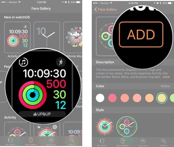 Нажмите на циферблат, затем нажмите «Приложение»