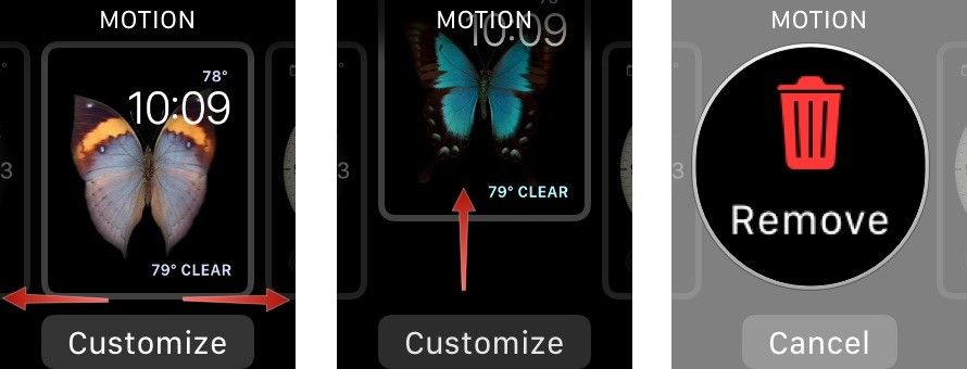 Сильно нажмите на циферблат, затем проведите пальцем вверх по циферблату, затем нажмите удалить