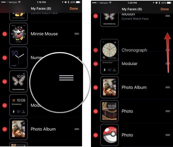 Нажмите и удерживайте циферблат, затем перетащите его на новую позицию.