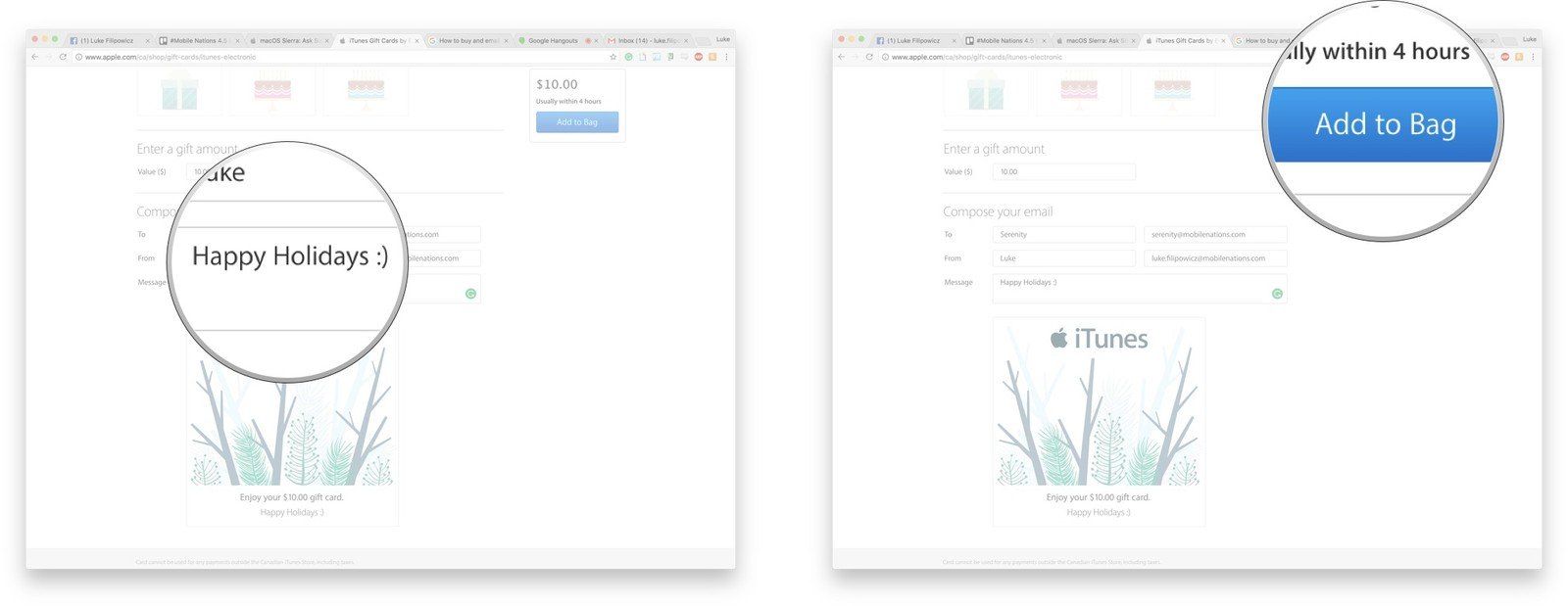 Введите личное сообщение и нажмите «Добавить в корзину».