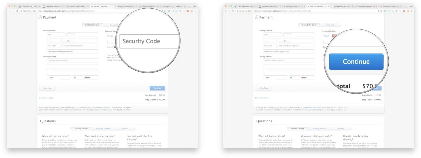 Убедитесь, что ваша платежная информация является точной, введите защитный номер своей кредитной карты и нажмите «Продолжить».