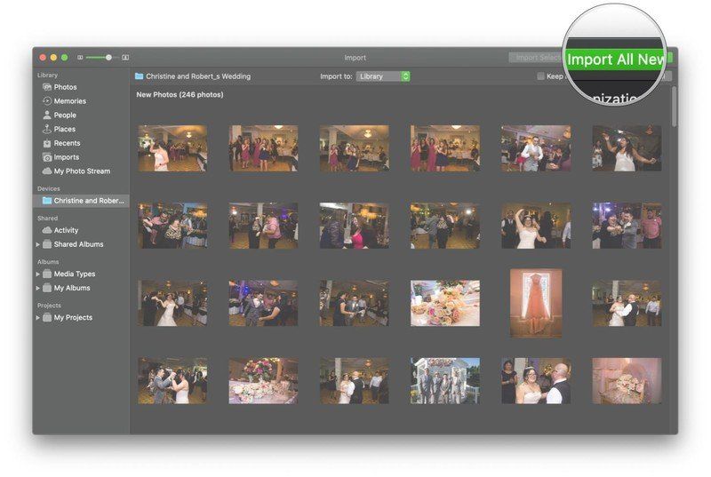 Нажмите Импортировать все новые фотографии