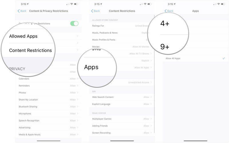 Нажмите «Ограничения содержимого», нажмите «Приложения», нажмите на самый высокий рейтинг