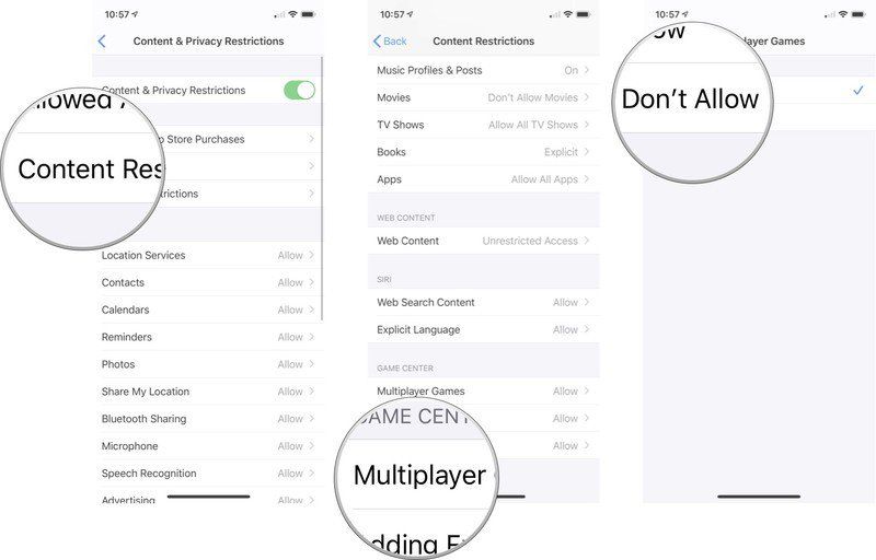 Нажмите «Ограничения содержимого», нажмите «Многопользовательские игры», а затем нажмите «Дон».'t Allow.