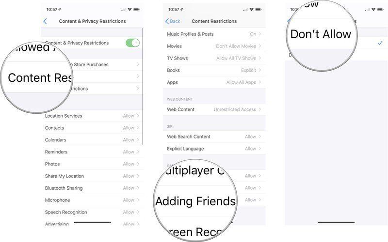 Нажмите «Ограничения содержимого», нажмите «Добавление друзей», а затем нажмите «Дон».'t Allow.