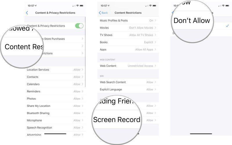 Нажмите «Ограничения содержимого», нажмите «Запись экрана», а затем нажмите «Дон».'t Allow.