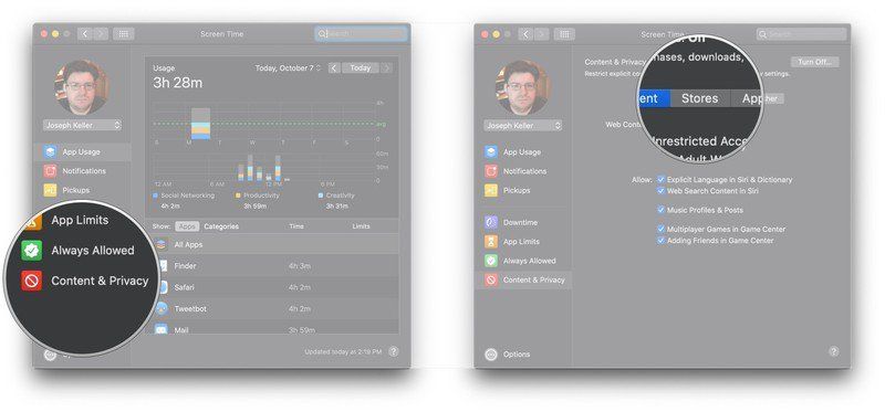 Нажмите Содержание и конфиденциальность, нажмите Магазины