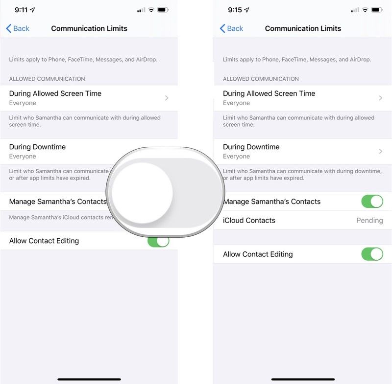 время экрана управления контактами