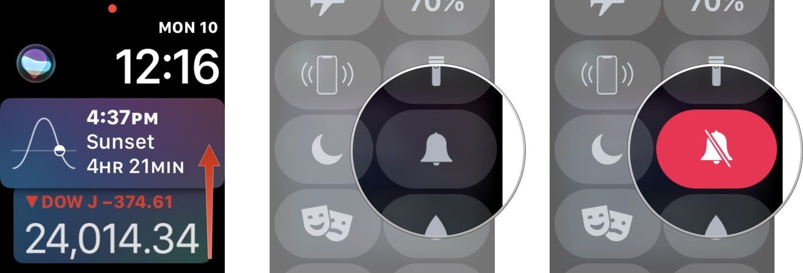 прокрутите вверх на циферблате, нажмите кнопку отключения звука, которая's symbolized by a bell icon