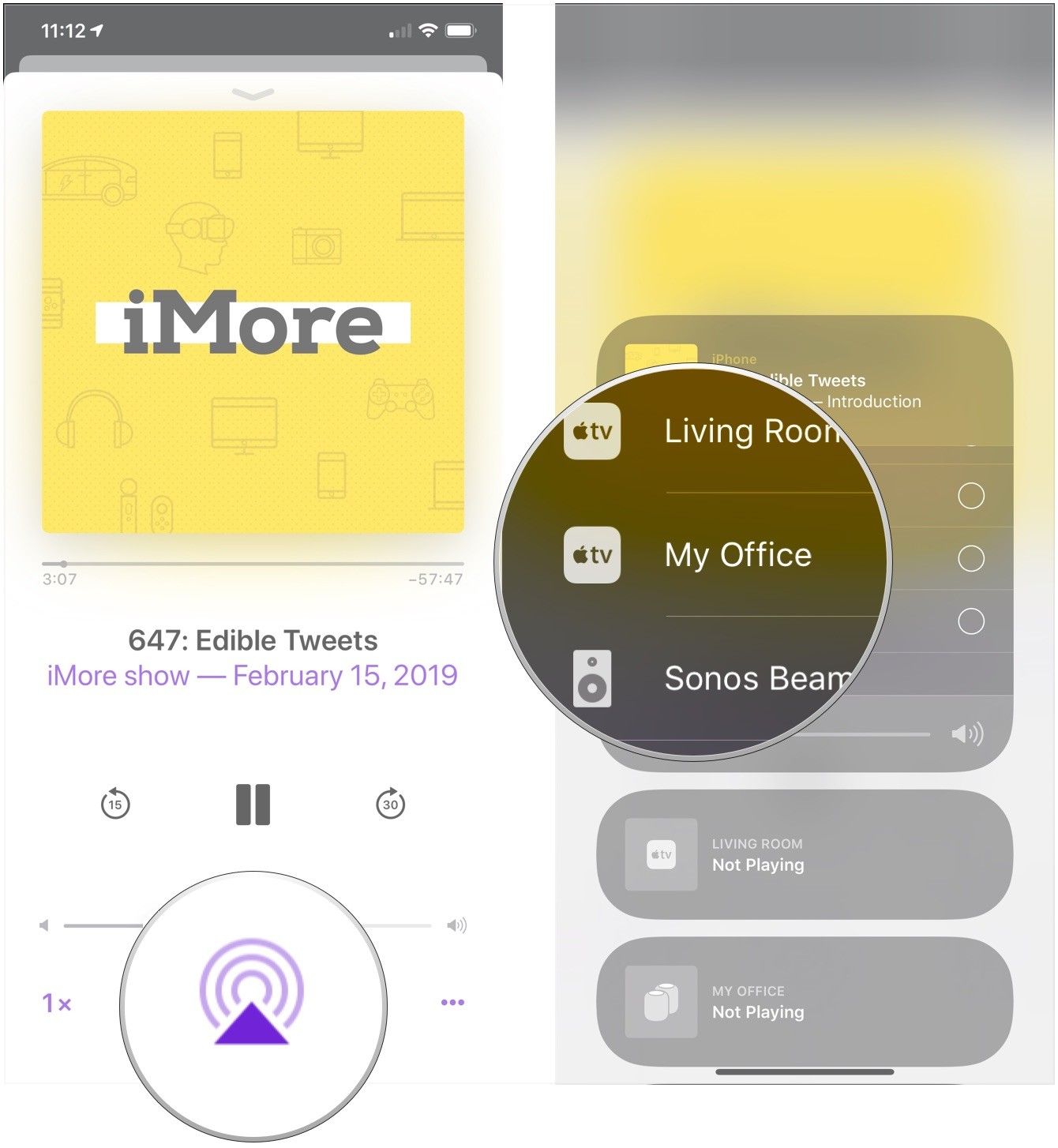 Нажмите кнопку AirPlay, нажмите Apple TV