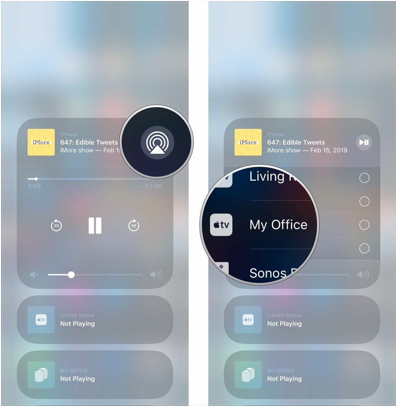 Нажмите кнопку AirPlay, нажмите пункт назначения AirPlay