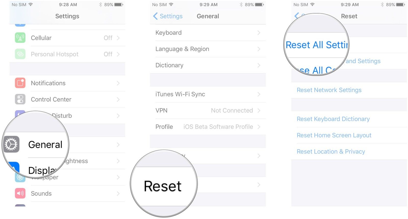 Нажмите «Общие», нажмите «Сброс», нажмите «Сбросить все настройки».