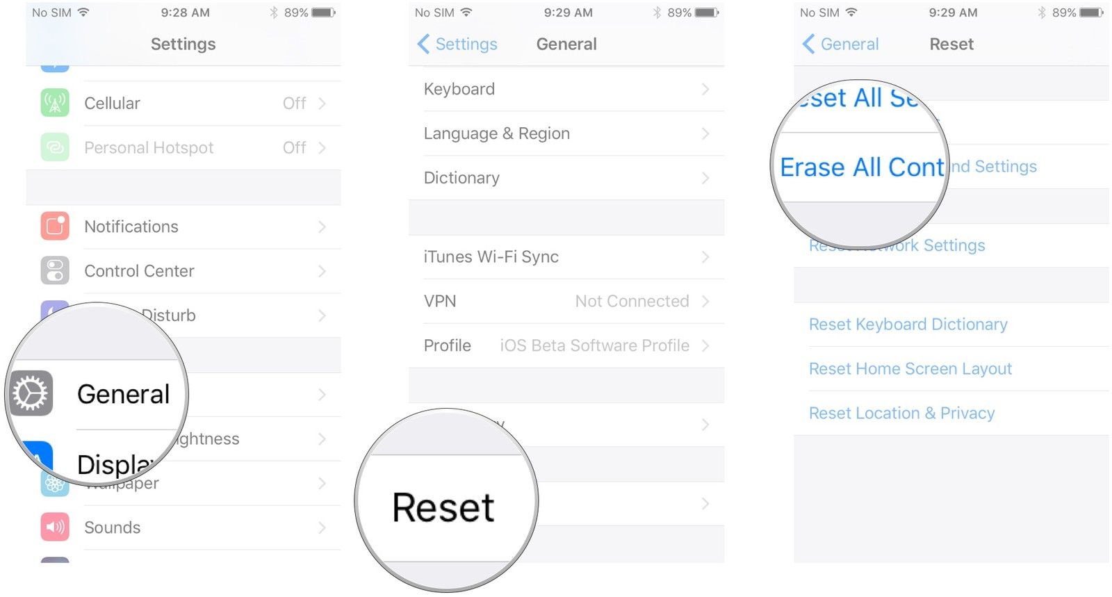 Нажмите «Основные», нажмите «Сброс», нажмите «Удалить все содержимое и настройки».
