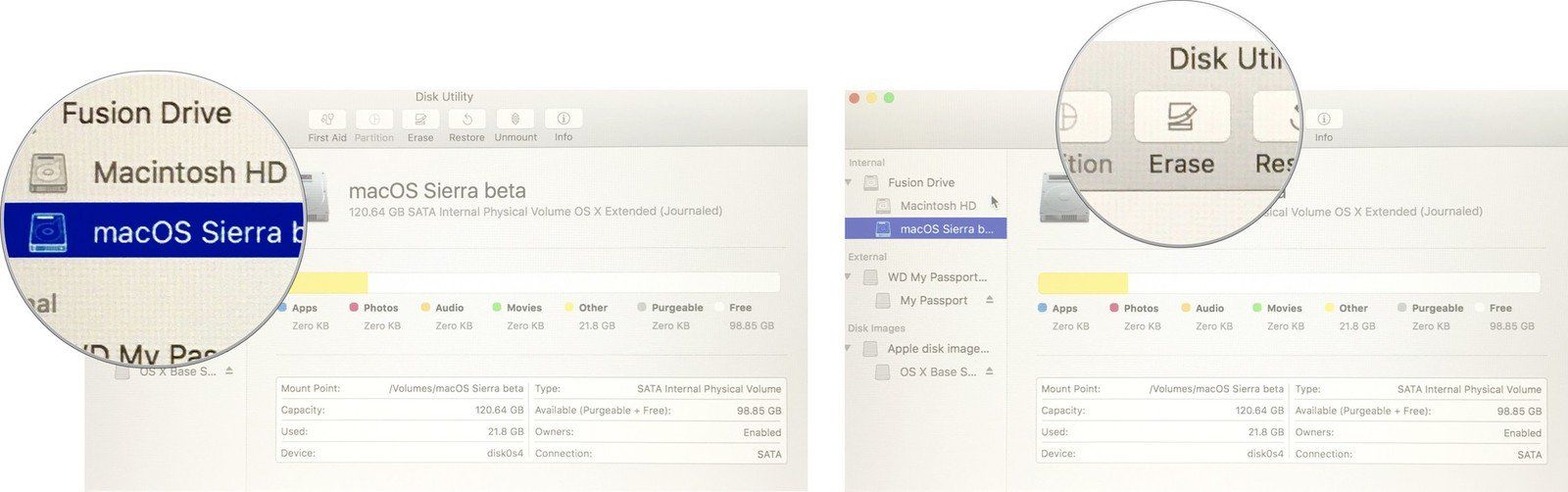 Выбор диска для стирания на Mac