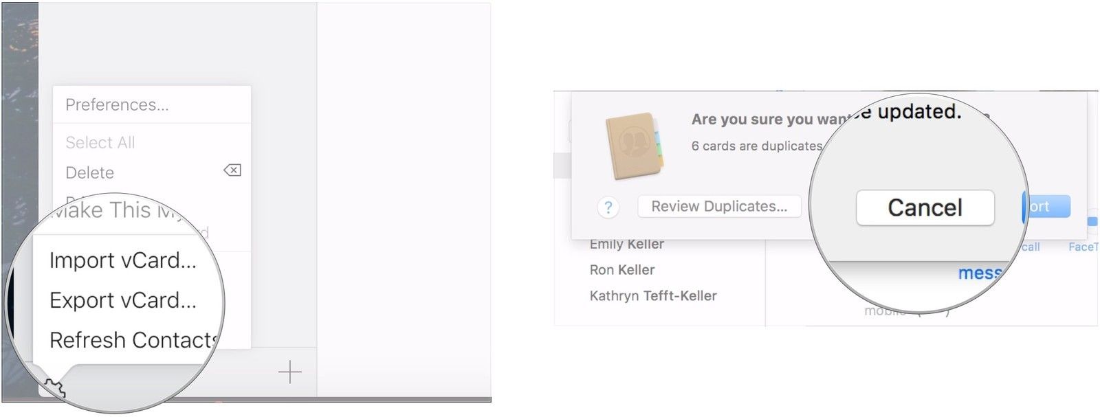 Нажмите Экспорт vCard, нажмите Отмена