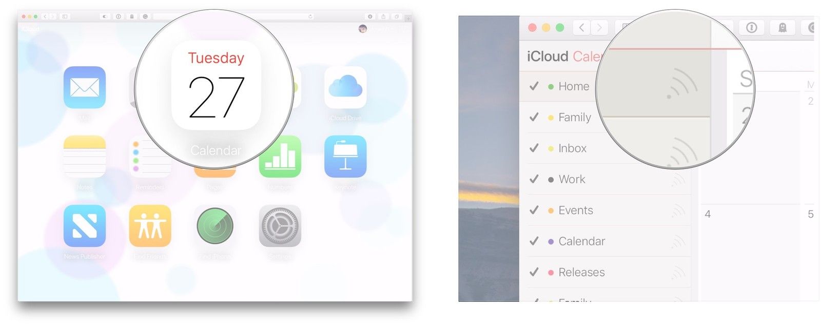 Нажмите Календарь, нажмите значок обмена