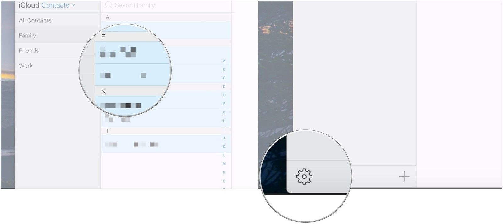 Выберите контакты, нажмите значок шестеренки