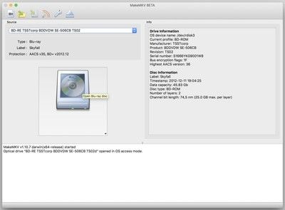 Нажмите на анимированный привод Blu-ray, чтобы раскрутить MakeMKV.