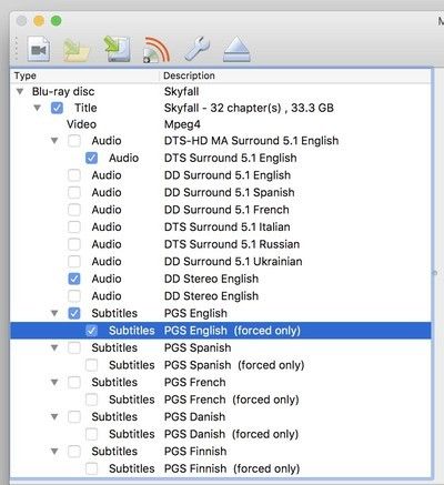 MakeMKV перечисляет названия с соответствующими звуковыми дорожками и дорожками субтитров.