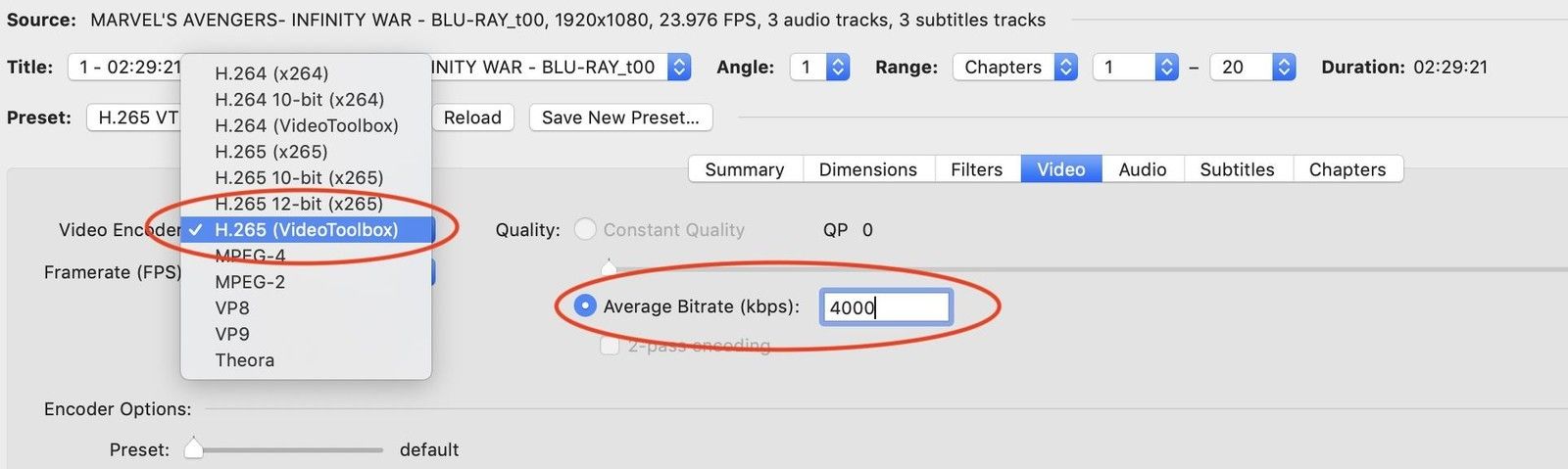 Выберите VideoToolbox из списка кодеров, чтобы в полной мере использовать свой Mac's horsepower.