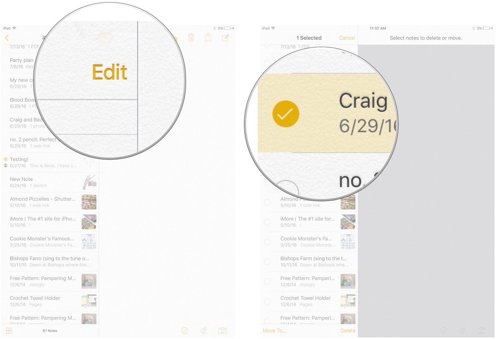 Выбор «Изменить» для перемещения заметки в приложении «Заметки» на iPad