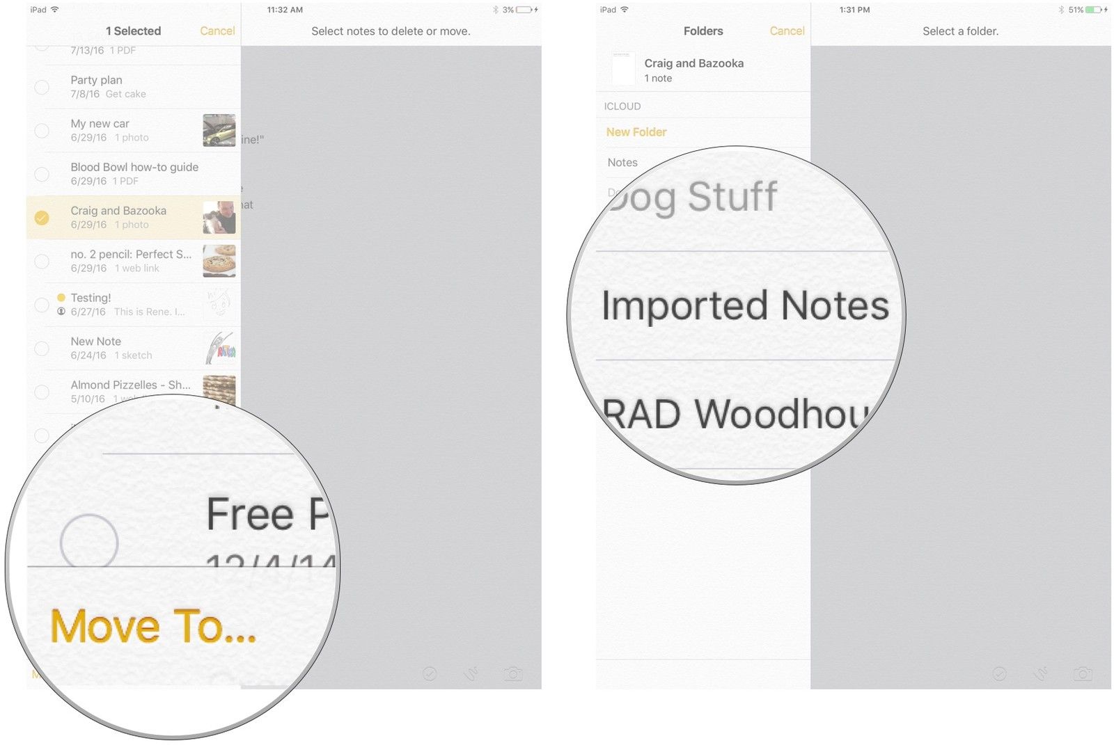 Перемещение заметки в новую папку на iPad