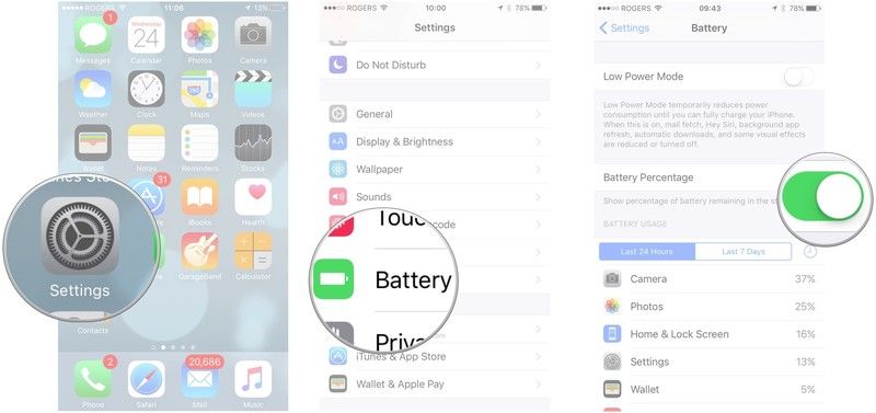 запустите приложение настроек, затем нажмите батарею, затем включите процент батареи