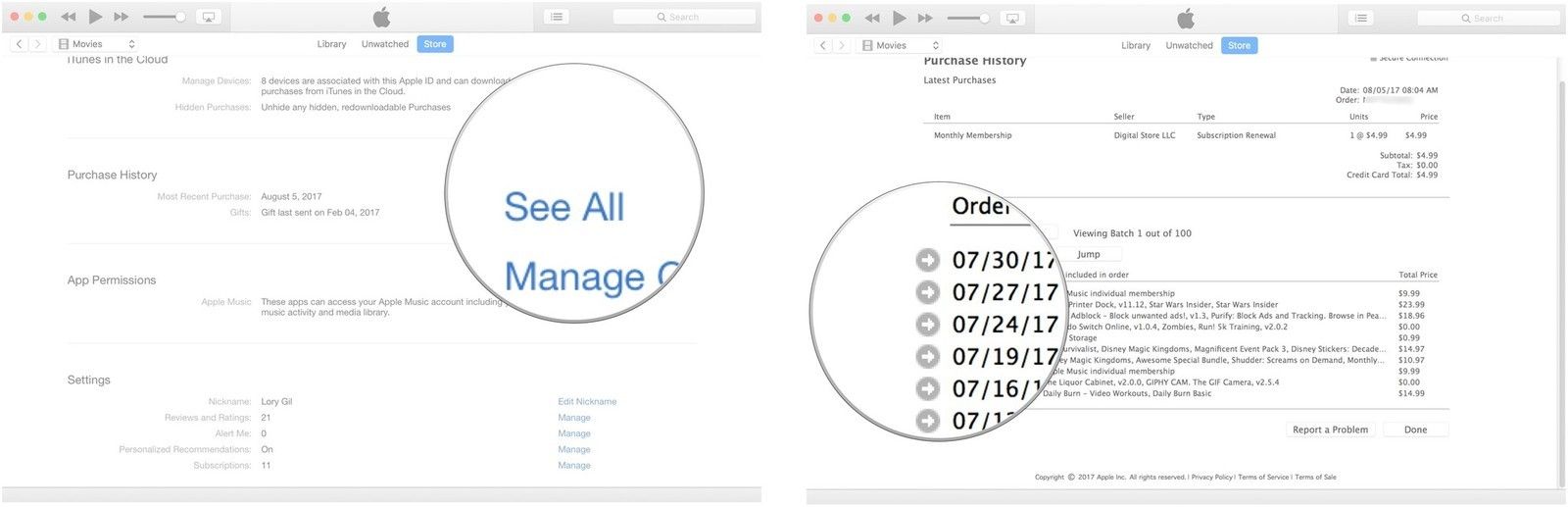 Нажмите «Просмотреть все», затем нажмите стрелку рядом с датой покупки.
