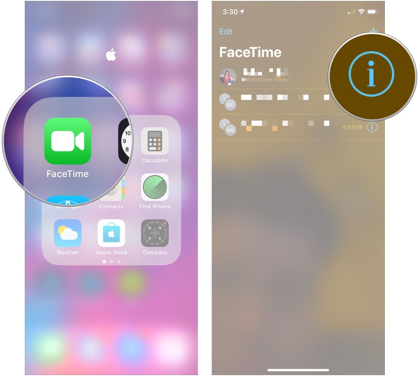 Откройте FaceTime, нажмите Infor