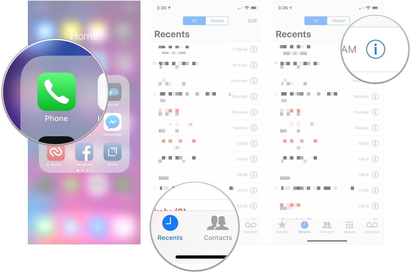 Откройте Телефон, коснитесь Последние или Контакты, коснитесь Информация.