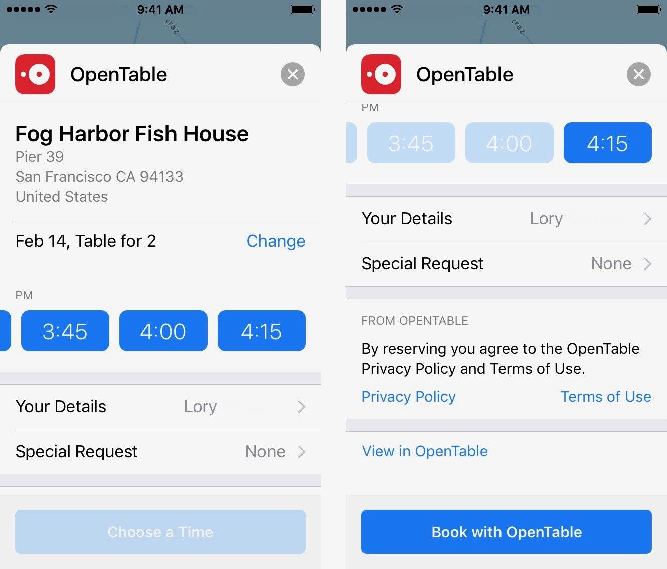 выберите время, нажмите &laquo;Забронировать с OpenTable&raquo;