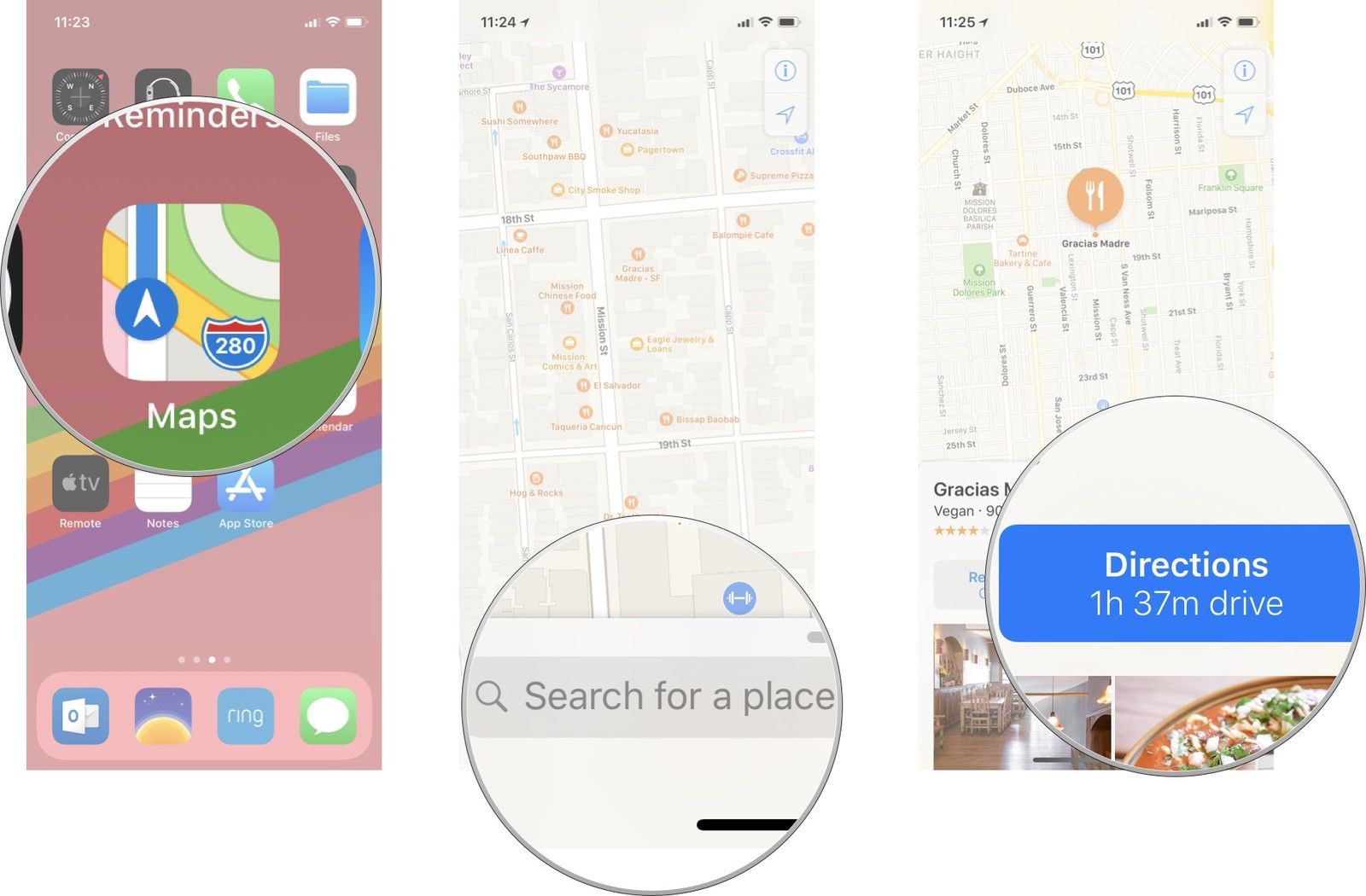 Запустите Карты, введите пункт назначения, нажмите Направления