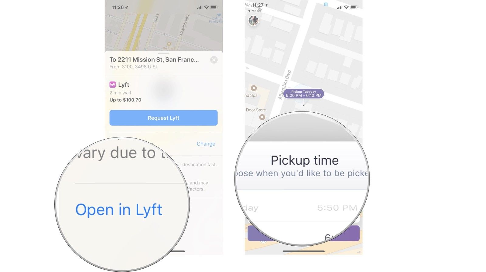 Нажмите Открыть в Lyft, выберите запланированное время получения