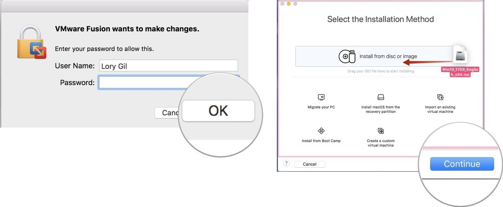 Введите свой логин Mac, затем перетащите файл ISO в окно