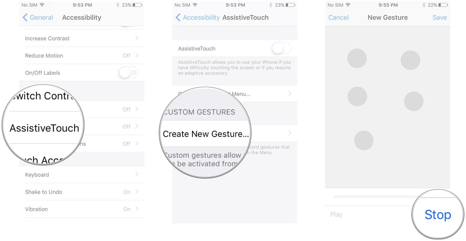 Нажмите «AssistiveTouch», нажмите «Создать новый жест», нажмите или проведите пальцем, чтобы создать новый жест, нажмите «Стоп».