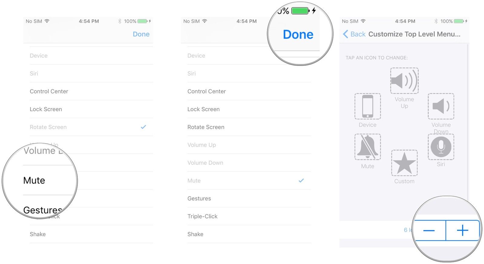 Нажмите на функцию или действие, нажмите «Готово», нажмите кнопки «плюс» и «минус», чтобы добавить или убрать кнопки