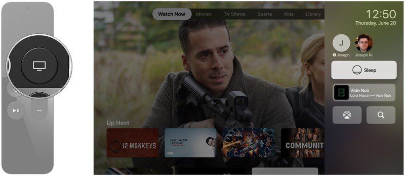 Нажмите и удерживайте кнопку TV, используйте Центр управления