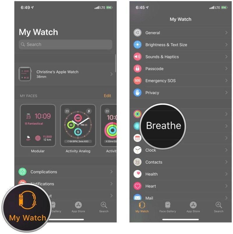 Запустите приложение Watch, коснитесь My Watch, затем выберите Breathe из списка приложений Запустите приложение Watch, коснитесь My Watch, затем выберите Breathe из списка приложений