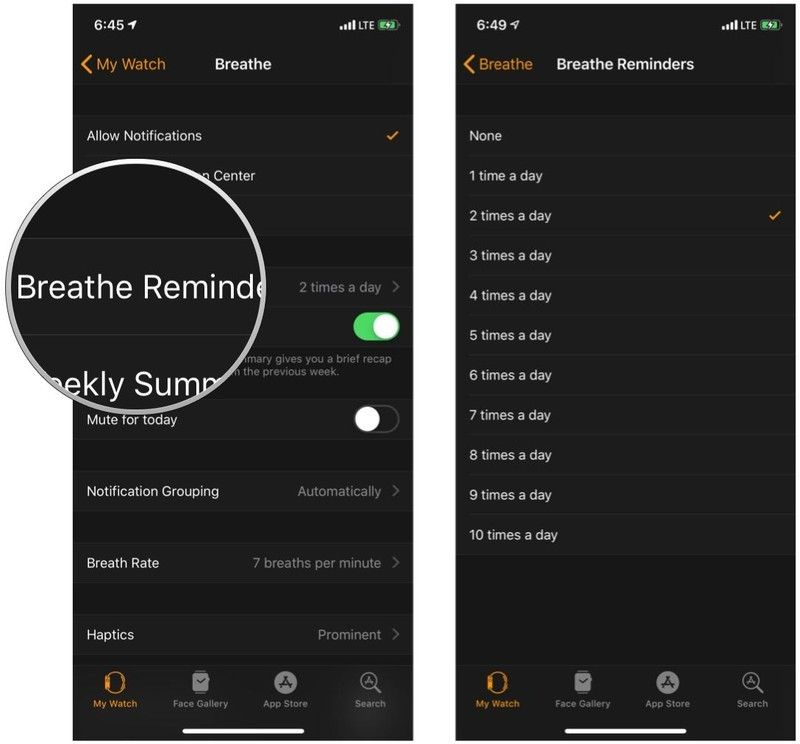 Выберите Breathe Reminders, затем выберите частоту напоминаний Выберите Breathe Reminders, затем выберите частоту напоминаний