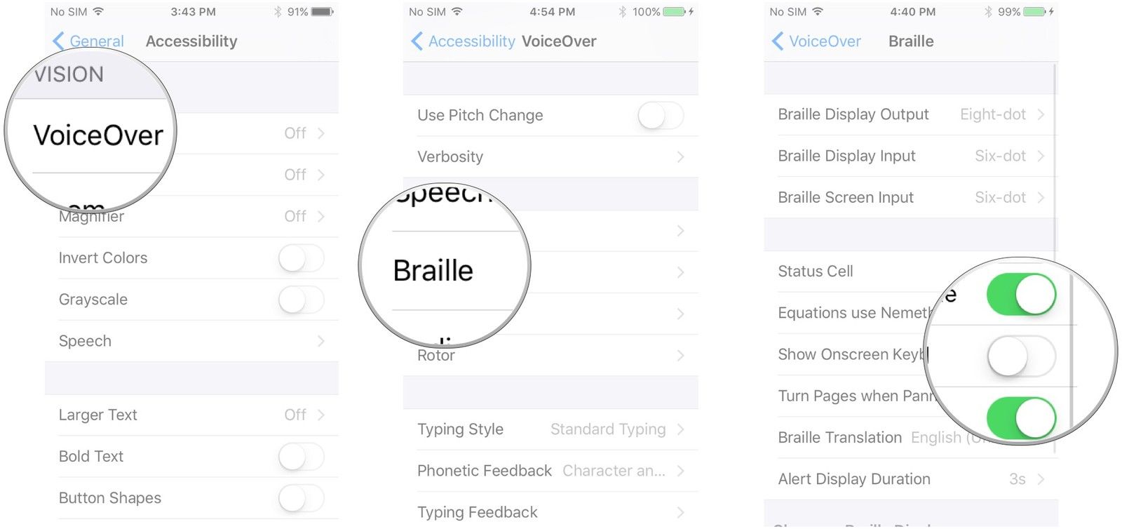 Нажмите VoiceOver, Брайль, нажмите переключатели рядом с параметрами