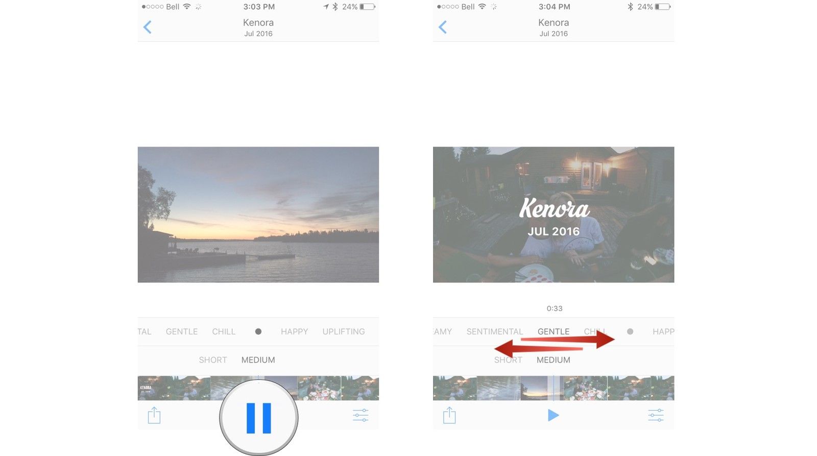 Нажмите кнопку паузы в нижней части экрана и проведите пальцем влево и вправо, чтобы выбрать тему.