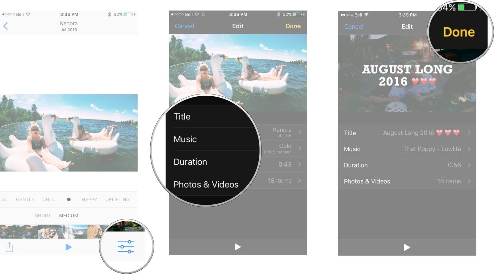 Нажмите меню редактирования, а затем нажмите на заголовок, музыку, продолжительность или фотографии и видео. Нажмите, когда вы're happy with your edits.