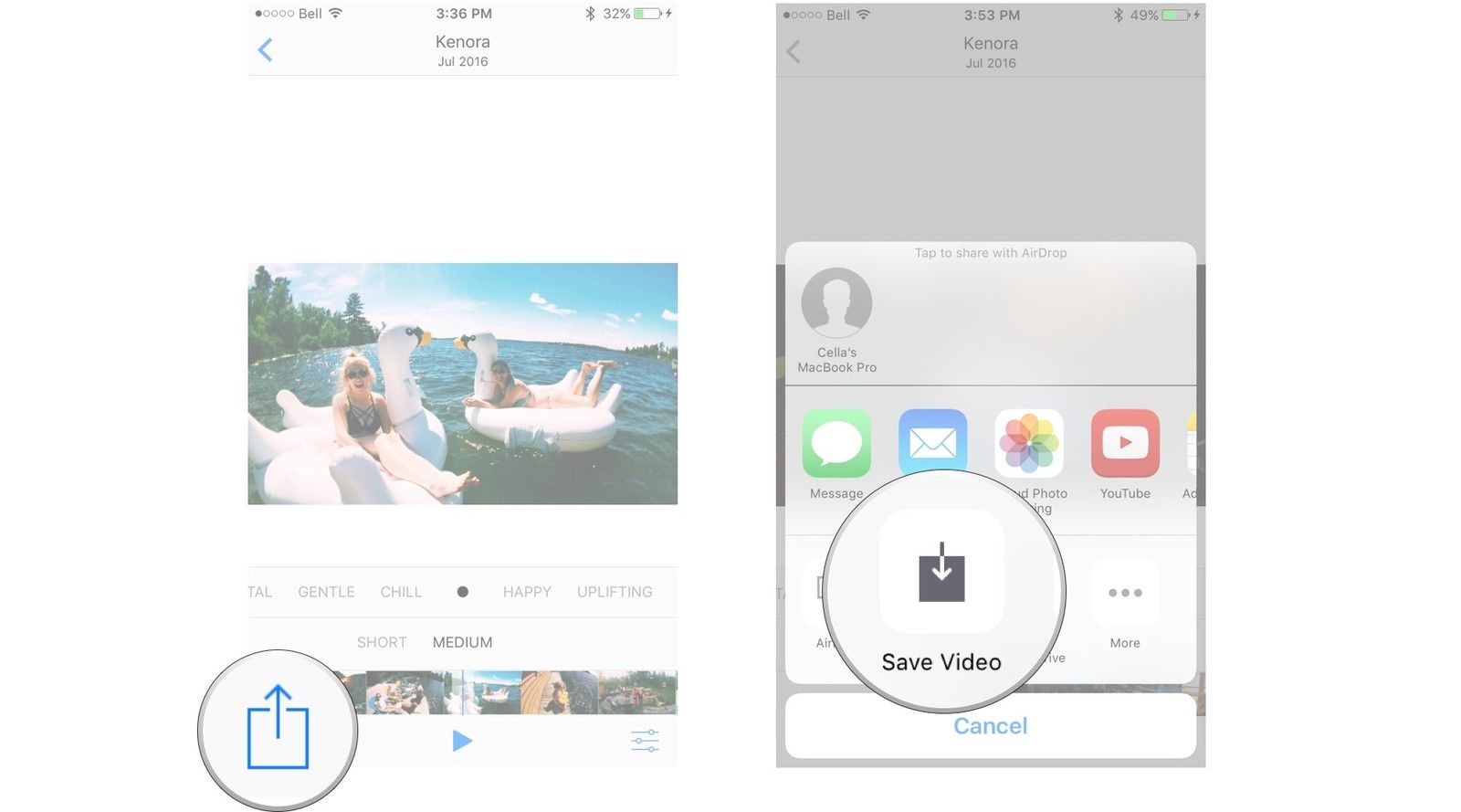 Нажмите кнопку «Поделиться» в левом нижнем углу экрана, а затем нажмите «Сохранить видео».